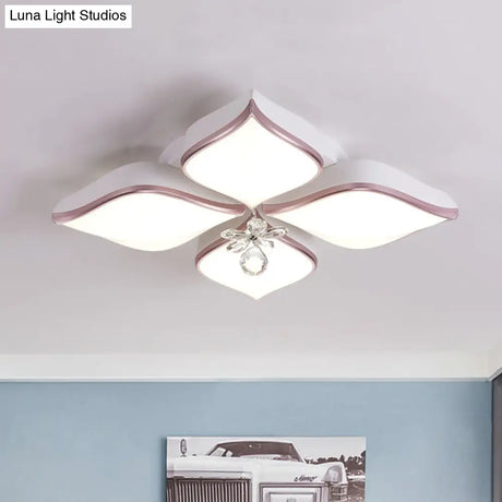 Contemporary Flower Ceiling Mounted Fixture: Acrylic Flush Light In White With Crystal Drop For
