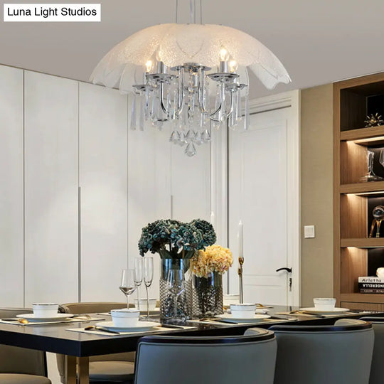 Contemporary Flower Chandelier With Textured Glass Shade And Crystal Drop - Chrome Ceiling Lamp (5
