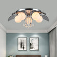 Contemporary Flush Mount Lamp With Milkglass Crystal Strand & Leaf Decor - 5 Lights Ideal For