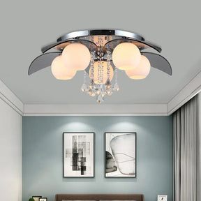 Contemporary Flush Mount Lamp With Milkglass Crystal Strand & Leaf Decor - 5 Lights Ideal For