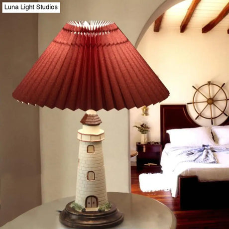 Contemporary Foldable Conical Table Lamp For Childrens Room - 1-Light Blue/Red Fabric Shade With