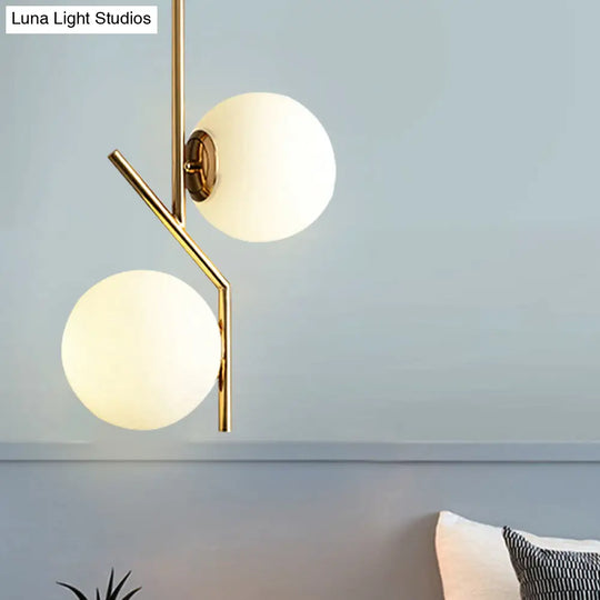 Contemporary Gold Angle Linear Chandelier Lighting 2 Lights White Glass Sphere Shade Metal Hanging Lamp Fixture Gold