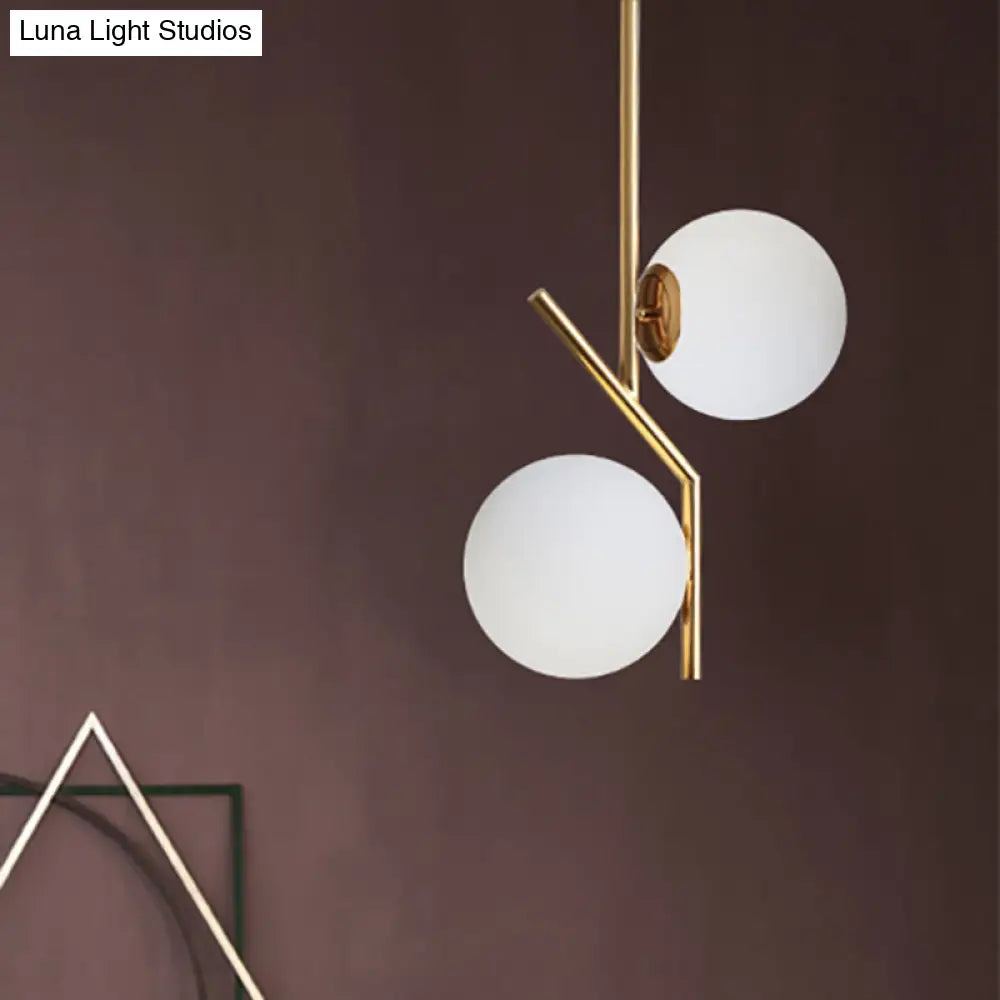 Contemporary Gold Angle Linear Chandelier Lighting 2 Lights White Glass Sphere Shade Metal Hanging Lamp Fixture Gold