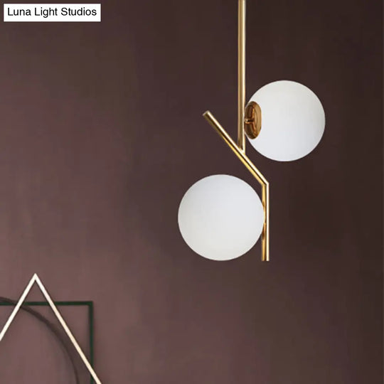 Contemporary Gold Angle Linear Chandelier Lighting 2 Lights White Glass Sphere Shade Metal Hanging Lamp Fixture Gold