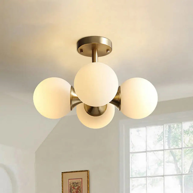 Contemporary Gold Ball Semi Flush Ceiling Light With 4 Milky Glass Heads