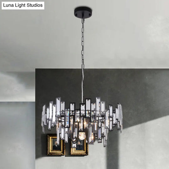 Contemporary Gold/Black Round Bedroom Suspension Light With 6 Crystal Block Bulbs