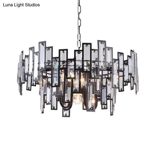 Contemporary Gold/Black Round Bedroom Suspension Light With 6 Crystal Block Bulbs