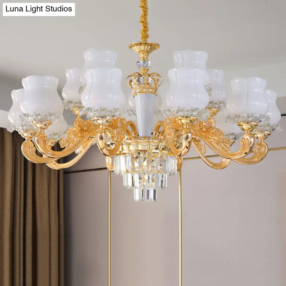 Contemporary Gold Bud Drop Lamp With Milky Glass - Dining Room Chandelier