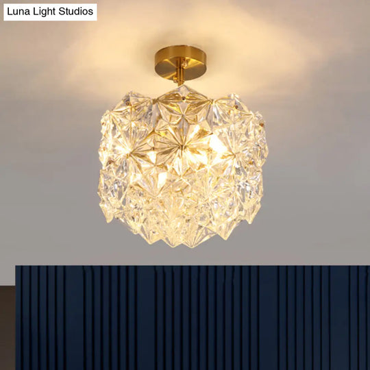 Contemporary Gold Canopy Semi Flush Mount Light With Hexagon-Shape Crystals & 3 Bulbs