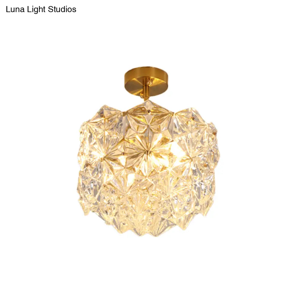 Contemporary Gold Canopy Semi Flush Mount Light With Hexagon-Shape Crystals & 3 Bulbs