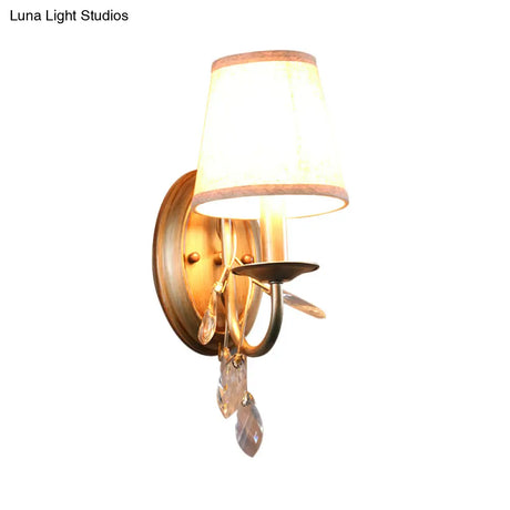 Contemporary Gold Cone Wall Sconce With Crystal Drop And Fabric Shade