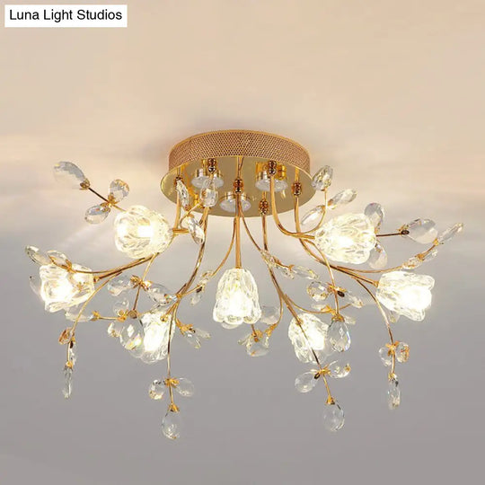 Contemporary Gold Crystal Flush Mount Lamp - 7 - Head Bedroom Lighting