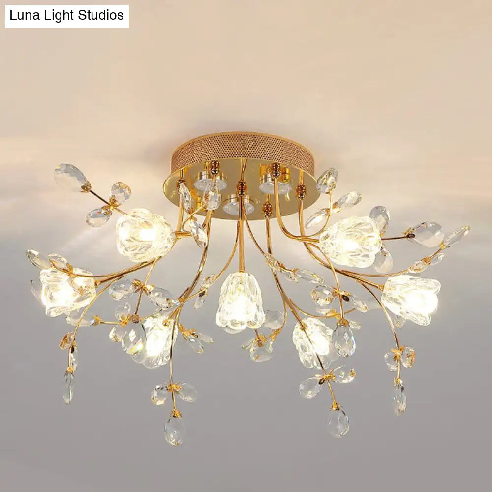 Contemporary Gold Crystal Flush Mount Lamp - 7-Head Bedroom Lighting