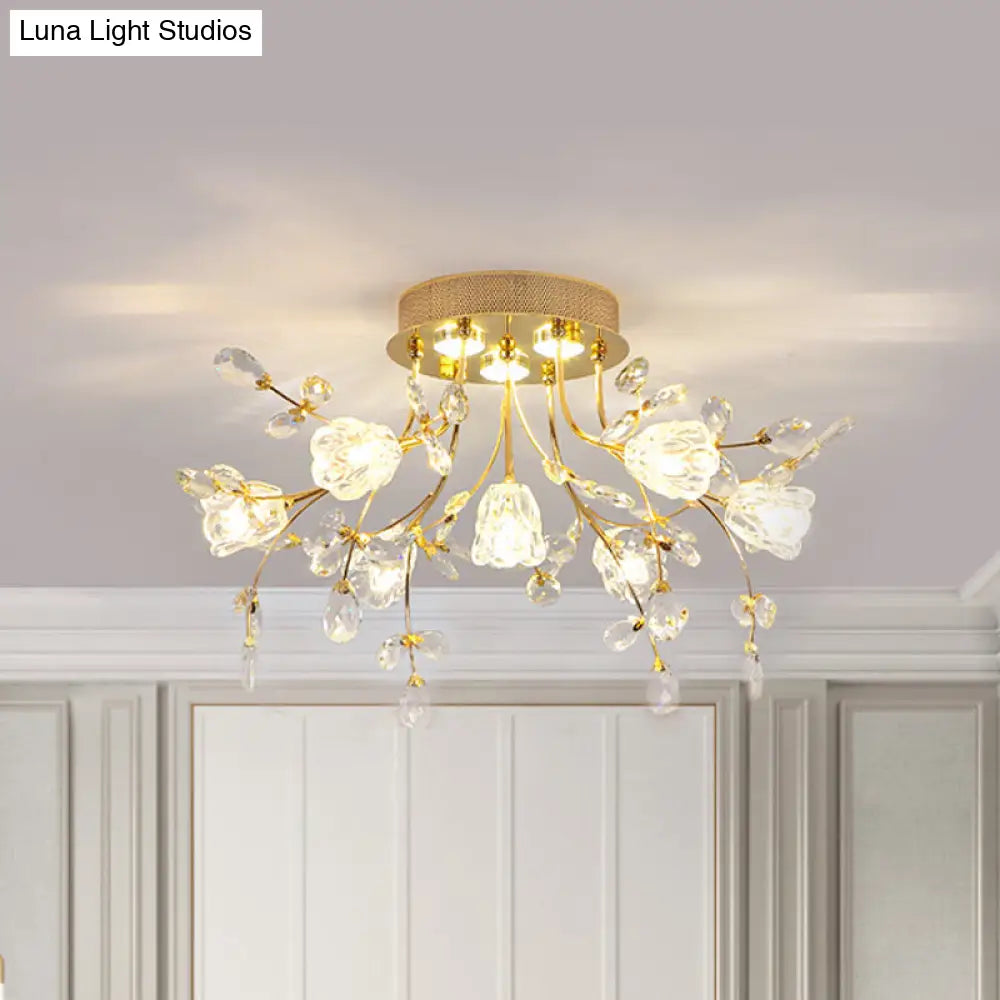 Contemporary Gold Crystal Flush Mount Lamp - 7-Head Bedroom Lighting