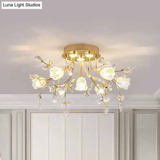 Contemporary Gold Crystal Flush Mount Lamp - 7-Head Bedroom Lighting