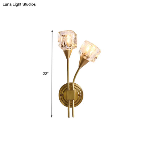 Contemporary Gold Cube Wall Sconce With Clear Crystal Led Lighting Perfect For Living Room