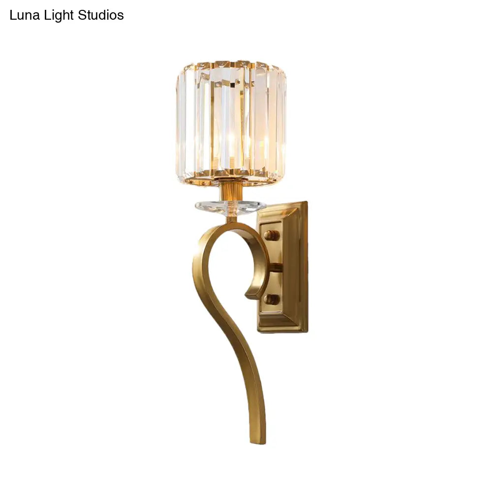 Contemporary Gold Cylinder Wall Sconce Light With Crystal Accents For Bedroom