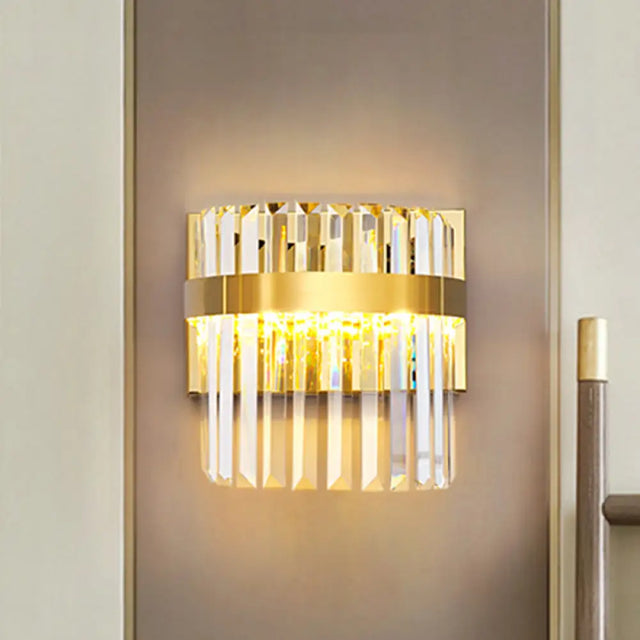 Contemporary Gold Demilune Wall Light - 2 Head Crystal Prism Sconce