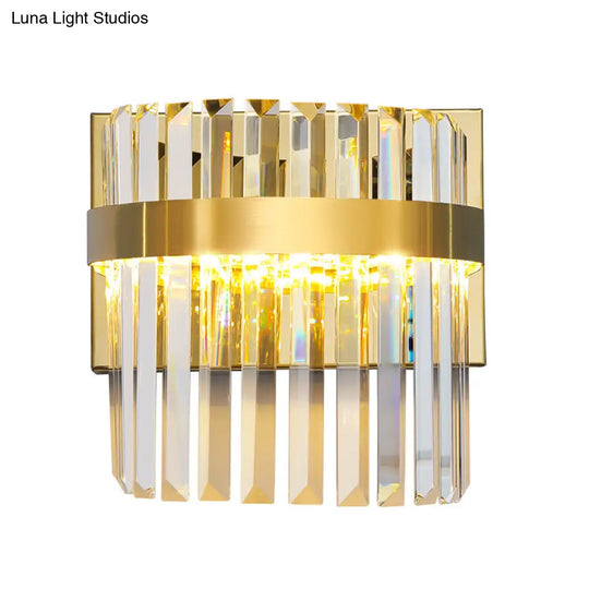 Contemporary Gold Demilune Wall Light - 2 Head Crystal Prism Sconce