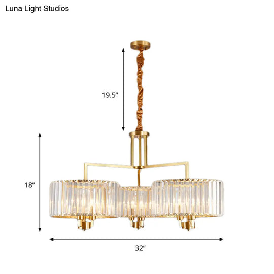 Contemporary Gold Drum Chandelier - Clear Crystal 3/6/9 Heads Living Room Lighting