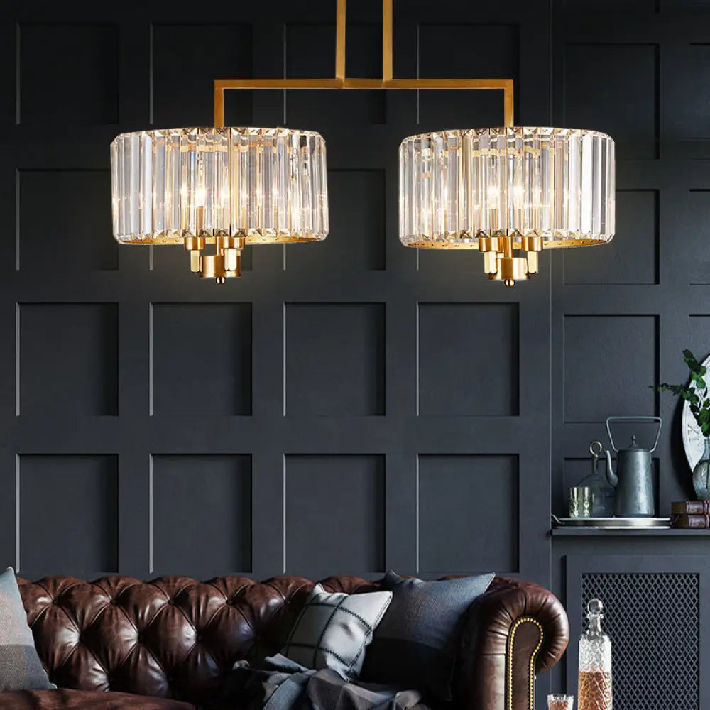 Contemporary Gold Drum Chandelier With Clear Crystal - 3/6/9 Head Suspension Light For Living Room