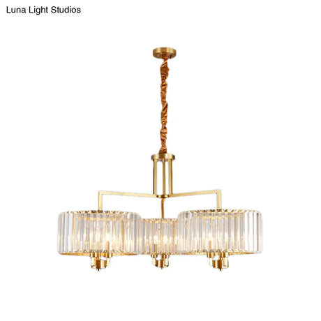 Contemporary Gold Drum Chandelier With Clear Crystal - 3/6/9 Head Suspension Light For Living Room