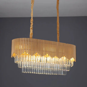 Contemporary Gold Finish Island Lighting With 8 Bulbs Faceted Crystal Blocks And Oval Hanging Design