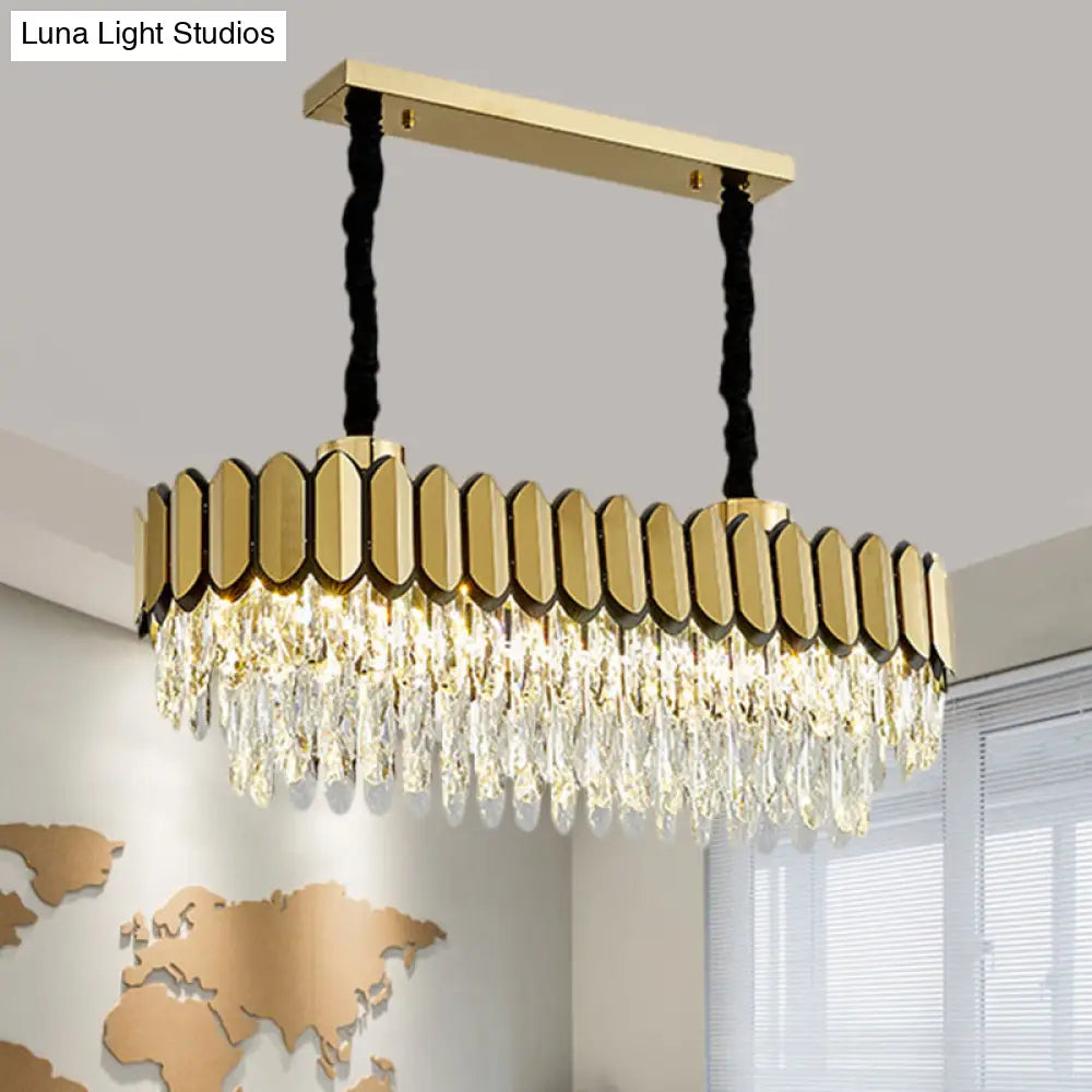 Contemporary Gold Finish Oval Island Light With Clear Crystal Shuttles And Led Bulbs