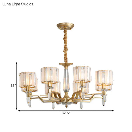 Contemporary Gold Hanging Light Chandelier - Crooked Arm With 6/8 Bulbs Clear Crystal Shade