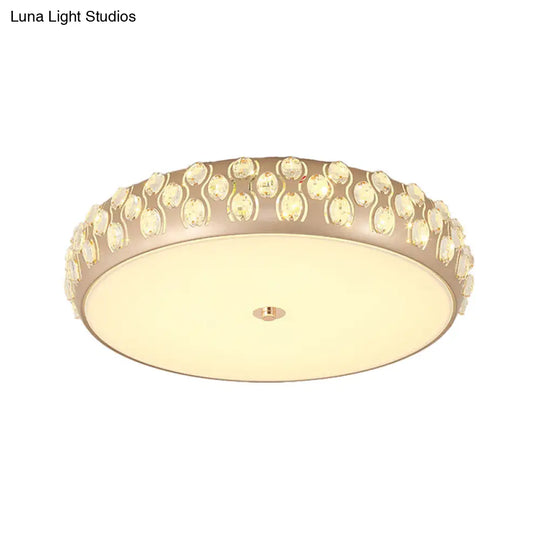 Contemporary Gold Led Drum Ceiling Mount Light With Crystal Beads For Bedroom
