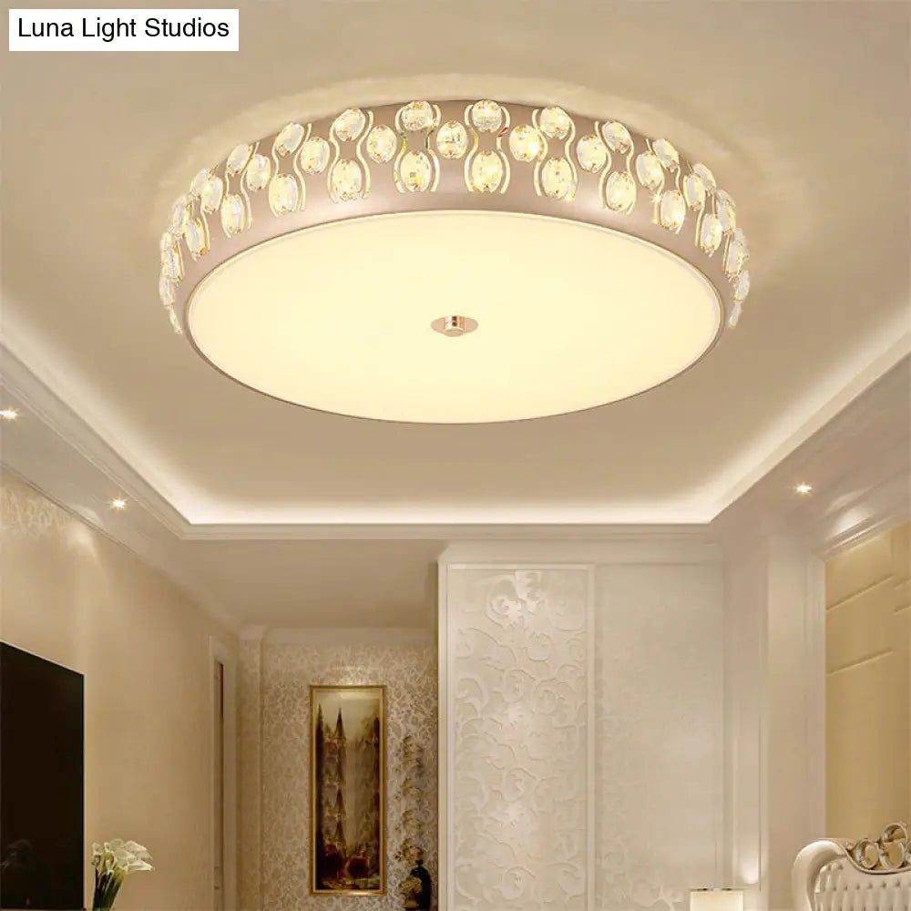 Contemporary Gold Led Drum Ceiling Mount Light With Crystal Beads For Bedroom