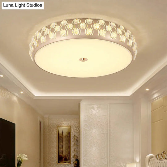 Contemporary Gold Led Drum Ceiling Mount Light With Crystal Beads For Bedroom