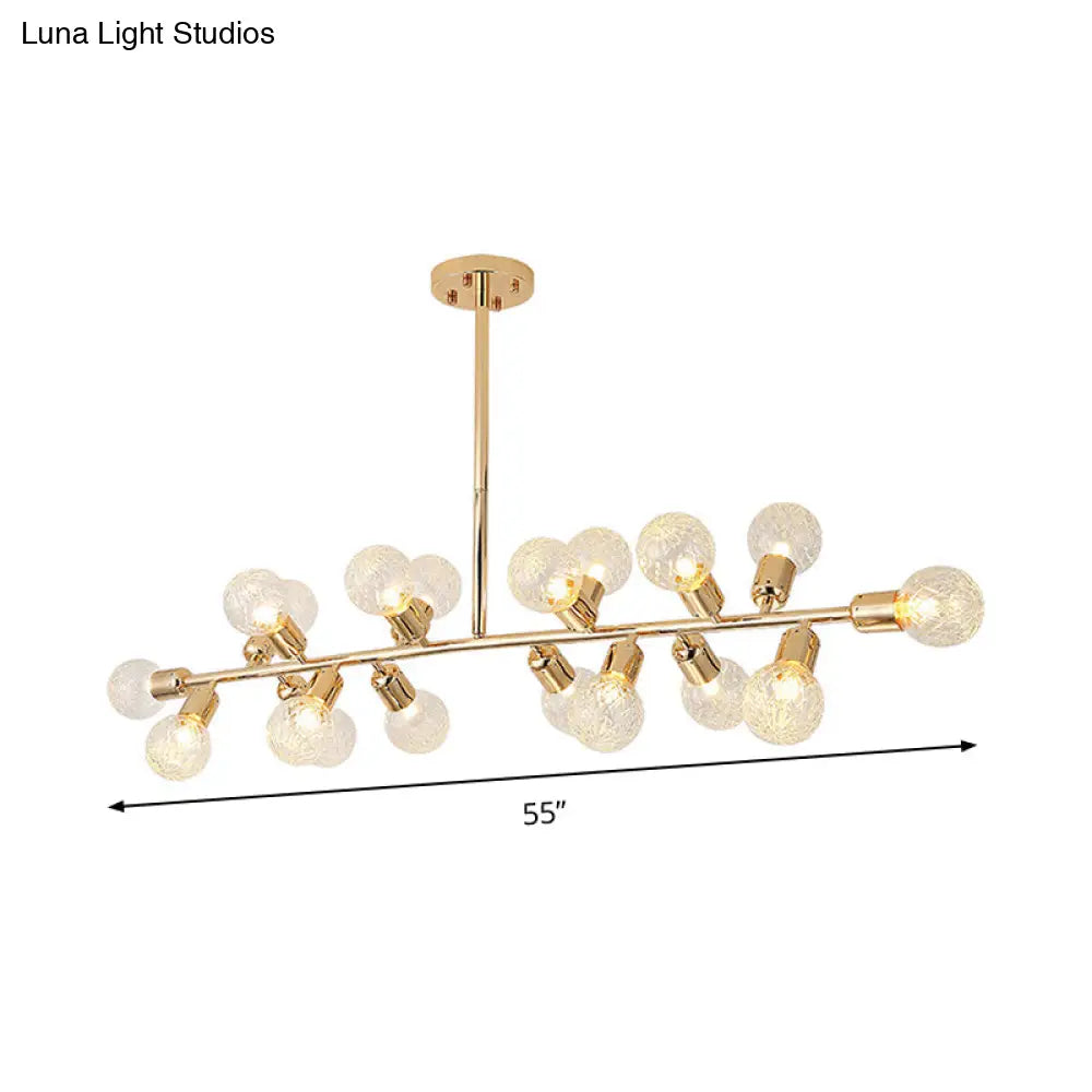 Contemporary Gold Linear Led Island Lighting - 18 Lights Hanging Ceiling Lamp With Ribbing Glass