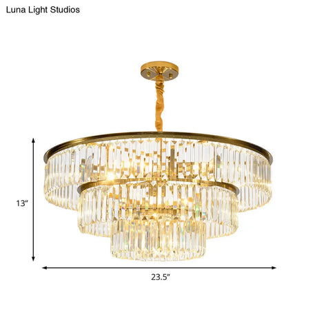 Contemporary Gold Metal Pendant Chandelier With Crystal Block - 3-Tier Round Design