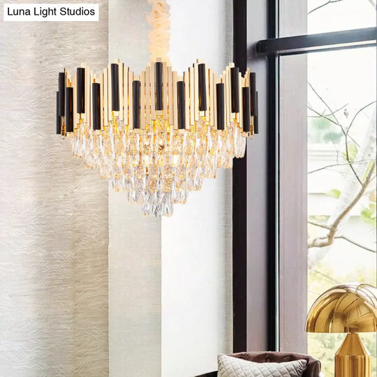 Contemporary Gold Multi Layer Pendant Light With Crystal Prism - 6/10 Heads