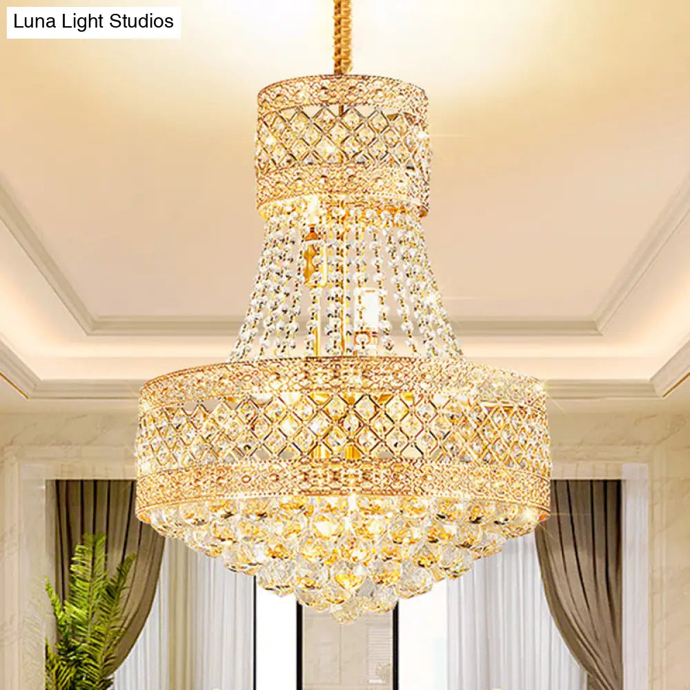 Contemporary Gold Pendant Chandelier With Octagon Crystal Ceiling Hang - 3/5 Lights 12’/15.5’ Wide