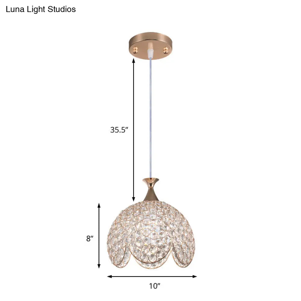Contemporary Gold Ruffled Edge Crystal Pendant Lamp - 1 Light Dome Suspension Clear Various Sizes
