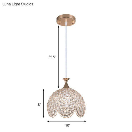Contemporary Gold Ruffled Edge Crystal Pendant Lamp - 1 Light Dome Suspension Clear Various Sizes