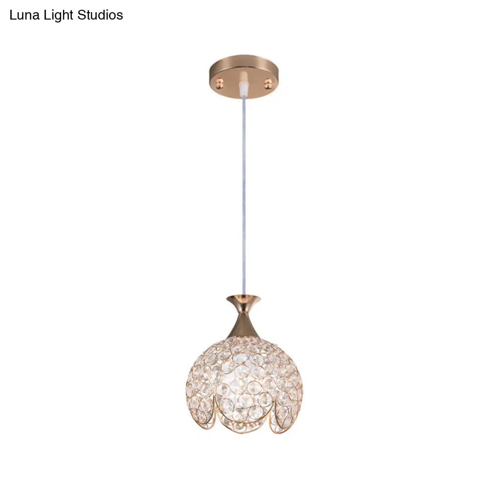 Contemporary Gold Ruffled Edge Crystal Pendant Lamp - 1 Light Dome Suspension Clear Various Sizes