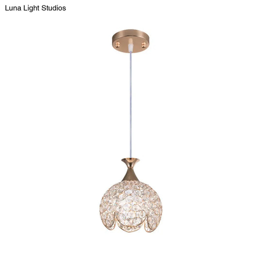 Contemporary Gold Ruffled Edge Crystal Pendant Lamp - 1 Light Dome Suspension Clear Various Sizes