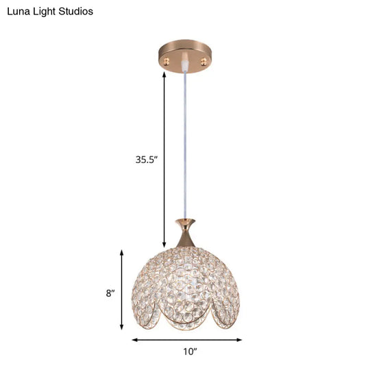 Contemporary Clear Crystal Pendant Light With Gold Ruffled Edge - 1 Dome Suspension Lamp (8/10/12 W)