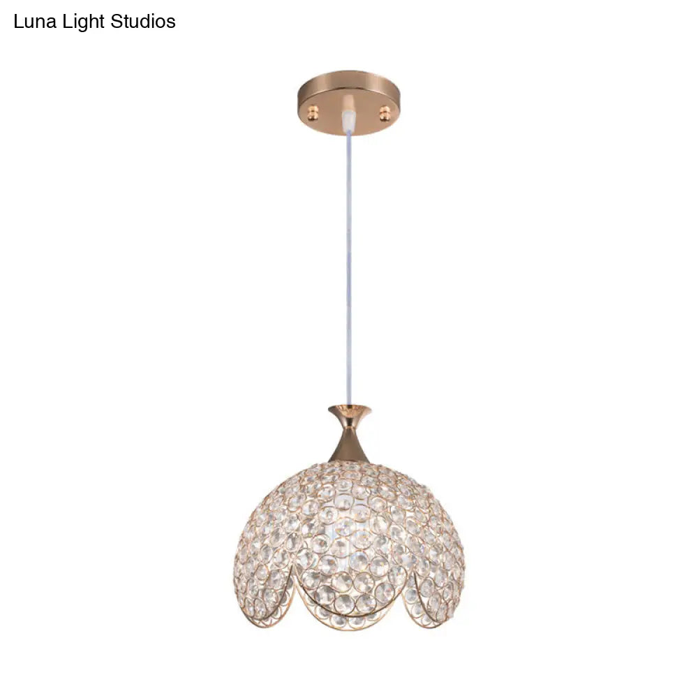 Contemporary Clear Crystal Pendant Light With Gold Ruffled Edge - 1 Dome Suspension Lamp (8/10/12 W)