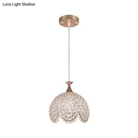 Contemporary Gold Ruffled Edge Crystal Pendant Lamp - 1 Light Dome Suspension Clear Various Sizes
