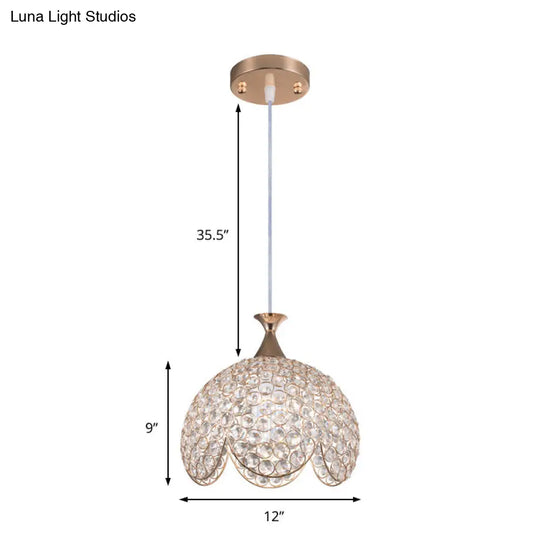 Contemporary Gold Ruffled Edge Crystal Pendant Lamp - 1 Light Dome Suspension Clear Various Sizes