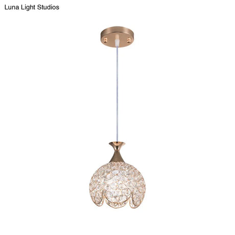 Contemporary Gold Ruffled Edge Crystal Pendant Lamp - 1 Light Dome Suspension Clear Various Sizes