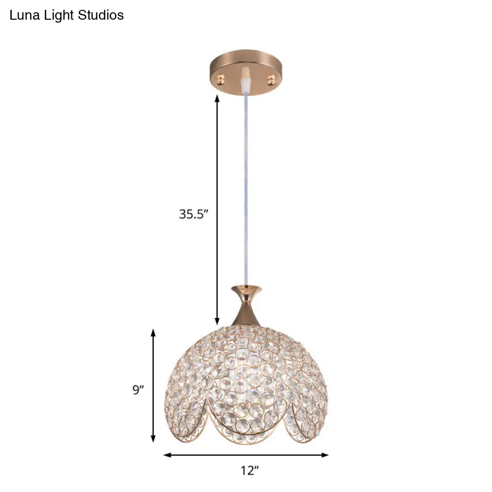 Contemporary Clear Crystal Pendant Light With Gold Ruffled Edge - 1 Dome Suspension Lamp (8/10/12 W)