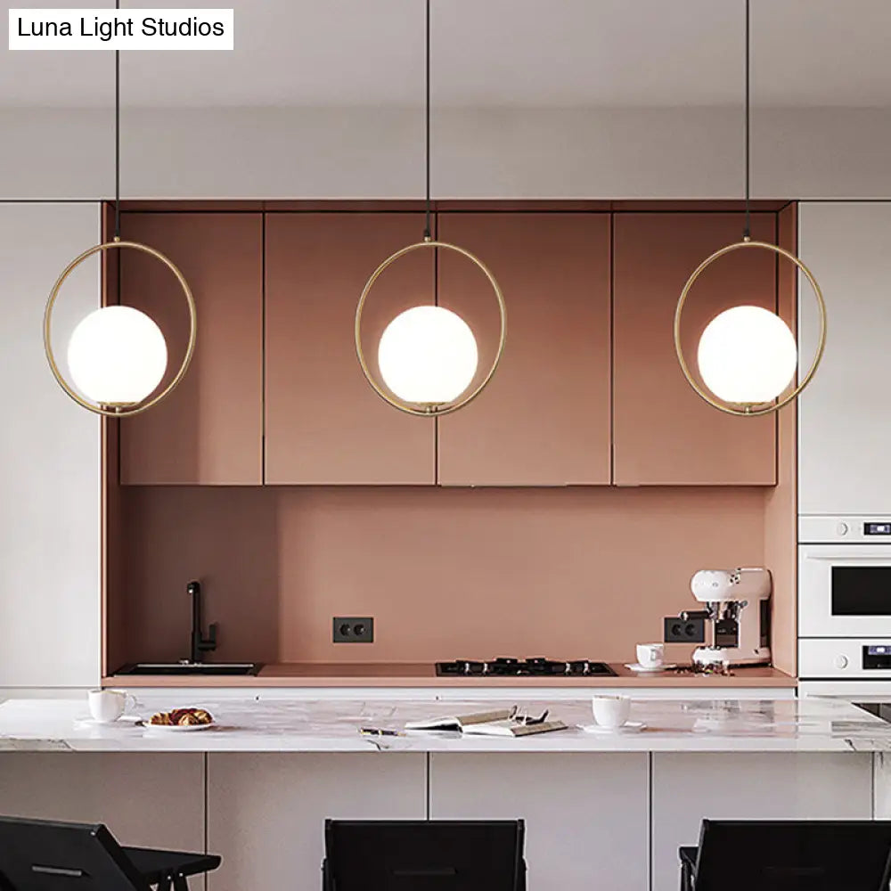 Contemporary Gold Sphere Drop Lamp: 1 Bulb Cream Glass Hanging Ceiling Light For Bedroom