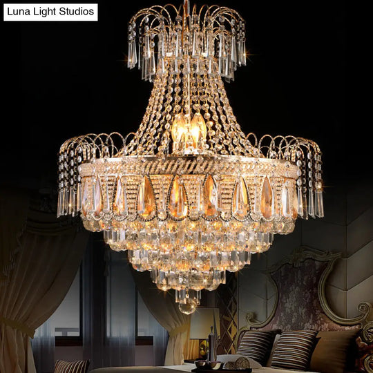 Gold Contemporary Tiered Bedroom Chandelier With 10 Crystal Lights