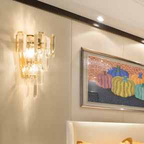 Contemporary Gold Wall Lamp With 3 Clear Crystal Layers - Bedroom Lighting