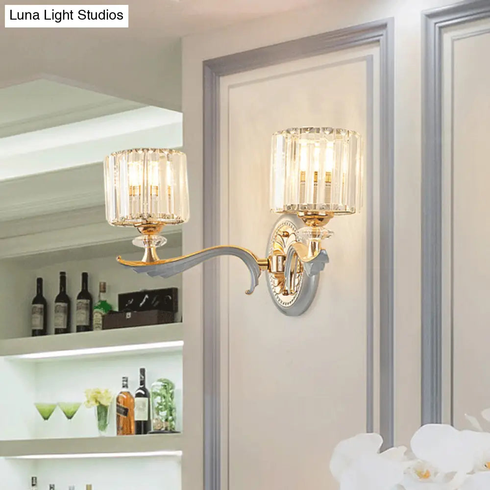 Contemporary Gold Wall Light With Clear Crystal Shade - Modernist 1/2-Head Cylinder Lamp